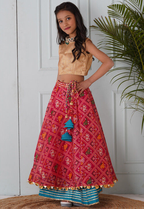 Patola Printed Brocade Crop Top Skirt Set in Golden