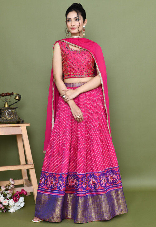 Patola Printed Chinon Chiffon Lehenga in Fuchsia