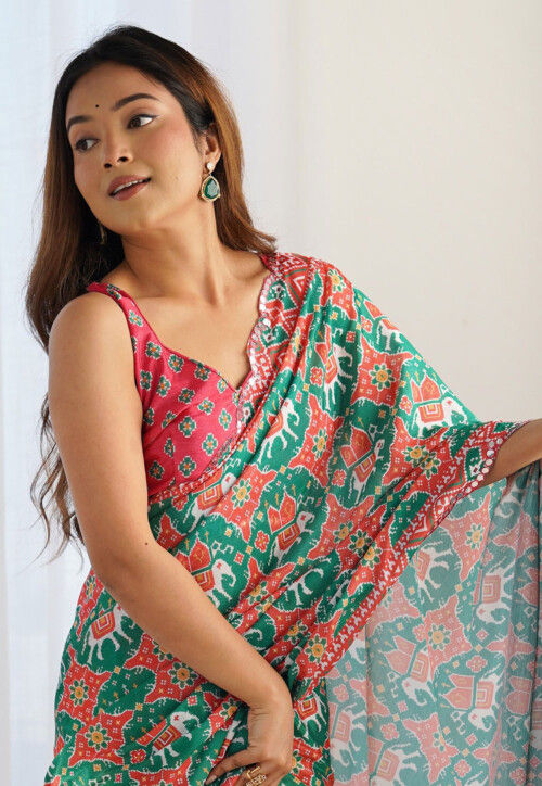 Patola Printed Chinon Silk Scalloped Saree in Green