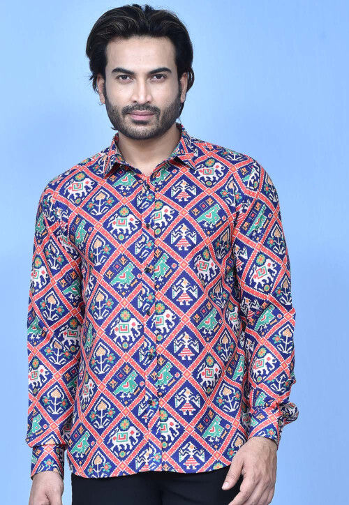 Patola Printed Cotton Shirt in Navy Blue