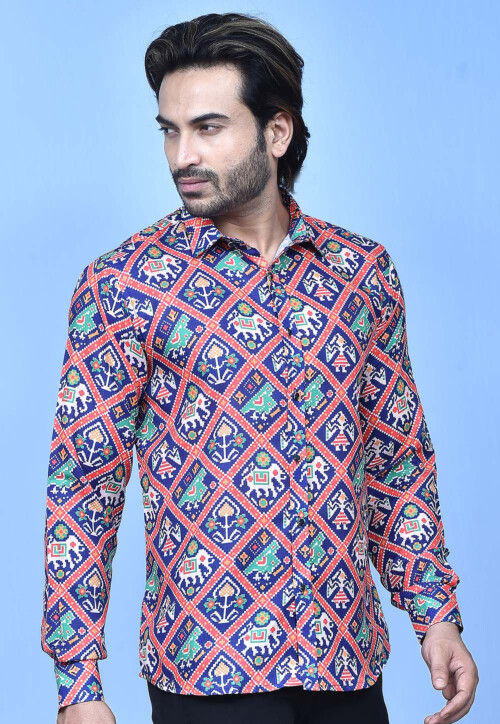 Patola Printed Cotton Shirt in Navy Blue