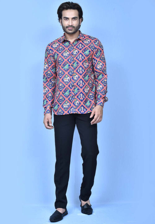 Patola Printed Cotton Shirt in Navy Blue