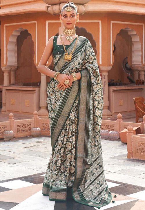 Buy Patola Printed Cotton Silk Saree in Grey and Green Online SDVA68 Utsav Fashion