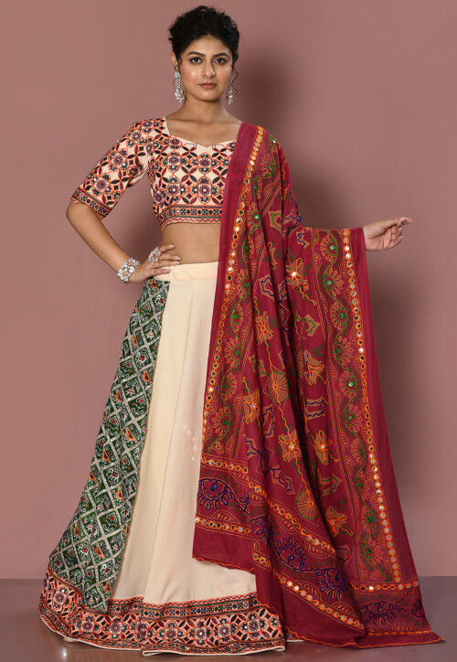 Buy DEWASU Kanjivaram Pure Zari Silk Traditional Unstitch Lehenga Choli,  Half Saree For Women RED CREAM at Amazon.in