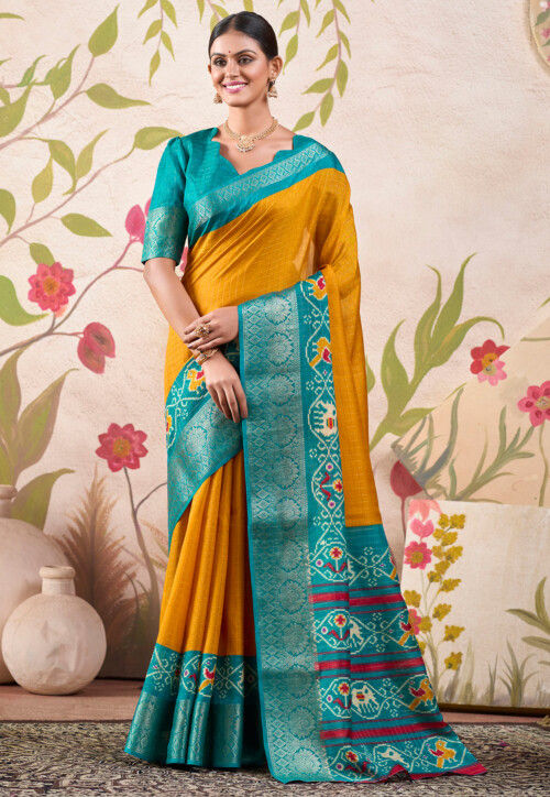 Patola Printed Tussar Silk Saree in Mustard