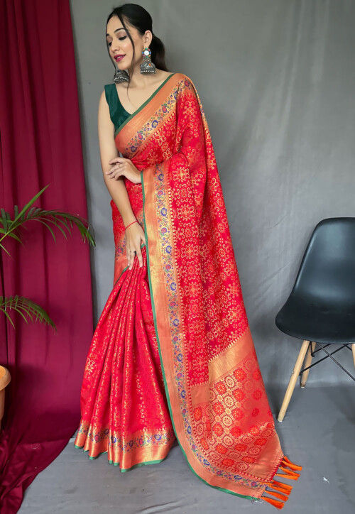 Peach Puff Tusser Patola Saree With Red Blouse And Patola Print –  RawaazFashion