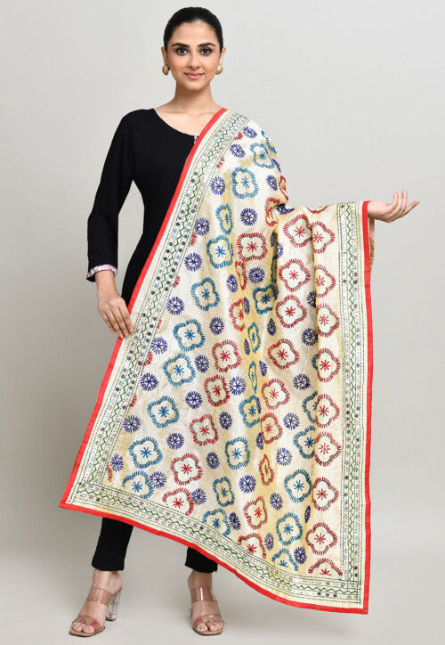 Phulkari Embroidered Cotton Dupatta in Cream