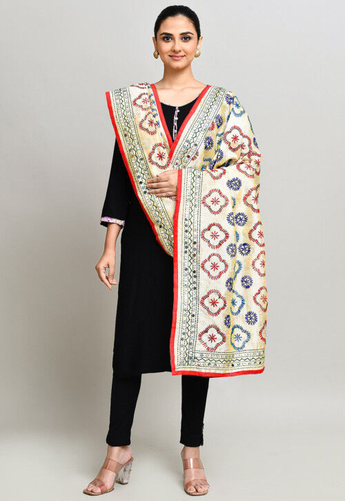 Phulkari Embroidered Cotton Dupatta in Cream