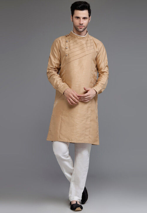 Pintucked Art Silk Kurta Set in Beige