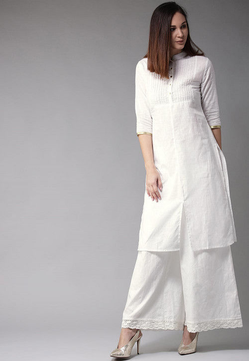Pintucked Cotton Straight Kurta Set in White : TVE426