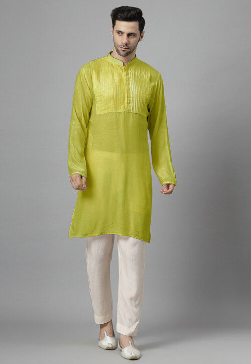 Pintucked Muslin Cotton Kurta Set in Olive Green