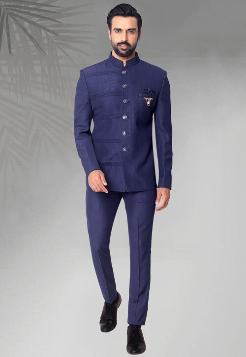 Navy Blue Rayon Jodhpuri Suit 254866