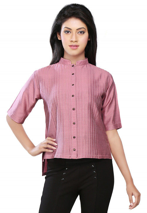 Buy Pintucks Cotton Silk Asymmetric Top in Pink Online : THU1846