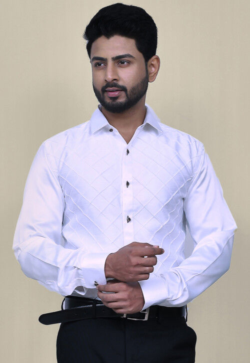 Pintucks Cotton Silk Shirt in White