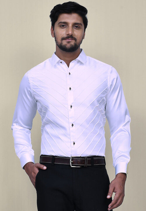 Pintucks Cotton Silk Shirt in White