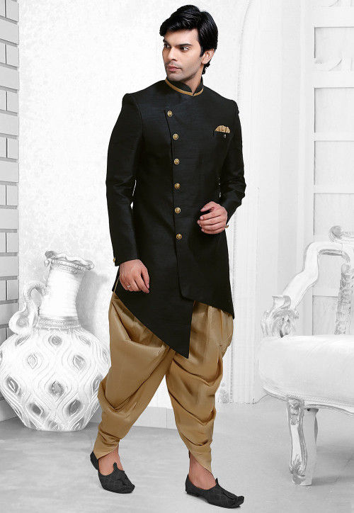 Buy Plain Art Silk Dhoti Sherwani in Black Online MHG977 Utsav Fashion