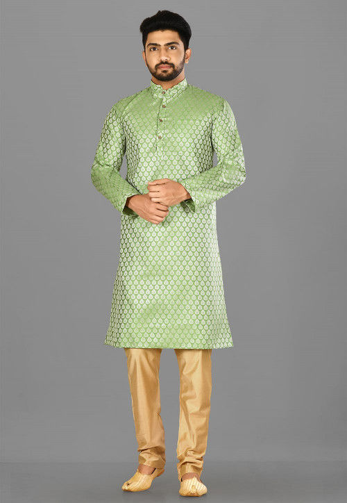 Plain Art Silk Jacquard Kurta Pajama in Green