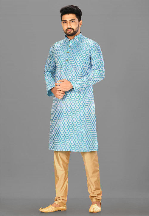 Plain Art Silk Jacquard Kurta Pajama in Sky Blue