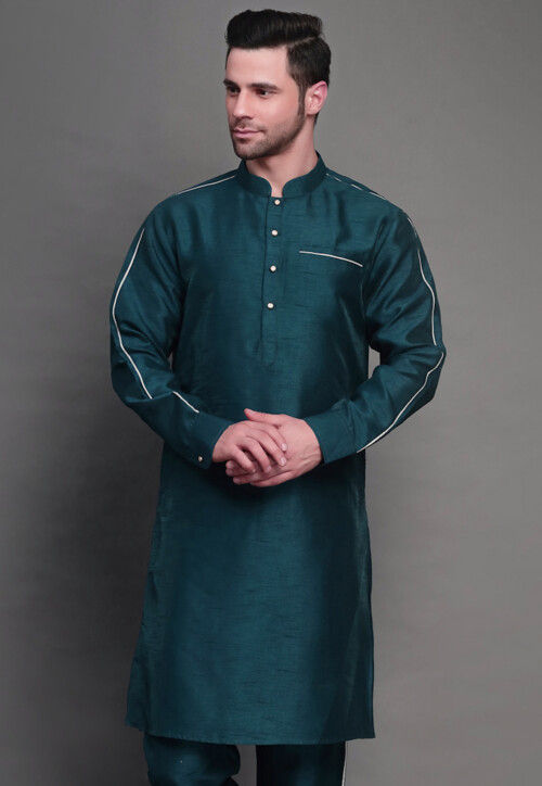 Plain Art Silk Kurta in Teal Blue