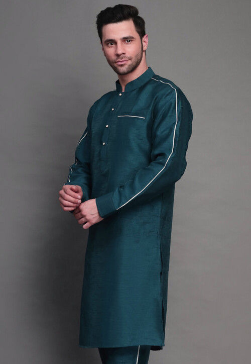 Plain Art Silk Kurta in Teal Blue