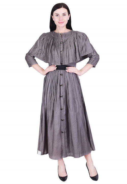 Plain Art Silk Pleated Dress in Grey : TJW1027
