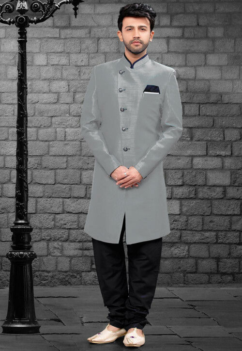 Plain Art Silk Sherwani in Grey