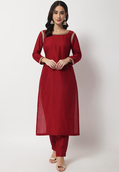 Plain Art Silk Straight Kurta Set in Maroon