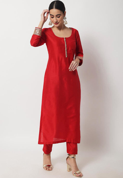 Plain Art Silk Straight Kurta Set in Red