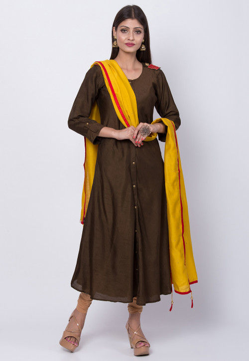 Plain Art Silk A Line Suit in Dark Brown