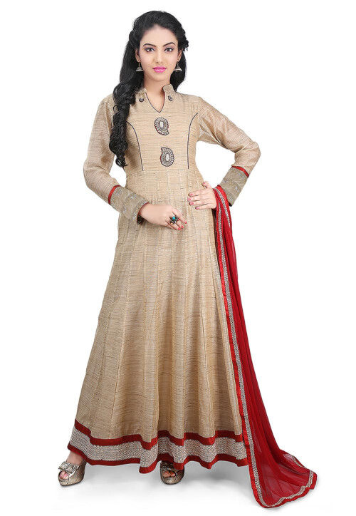 Plain Chanderi Cotton Abaya Style Suit in Dark Beige