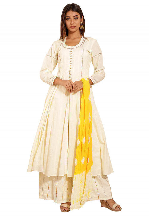 Plain Cotton A Line Suit in Off white