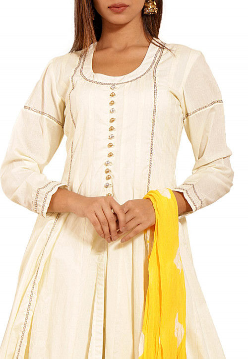 White Printed Cotton A-Line Suit Set With Trousers