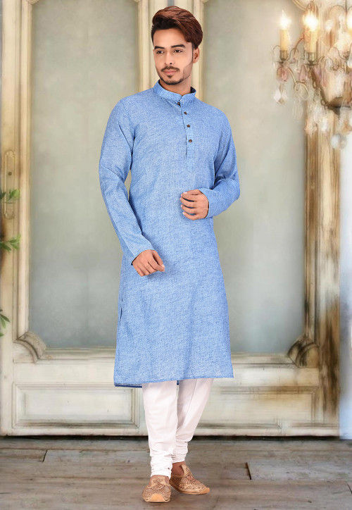 Buy Green Kurta Cotton Plain Straight With Sky Blue Churidar For Men by  Khwaab by Sanjana Lakhani Online at Aza Fashions.