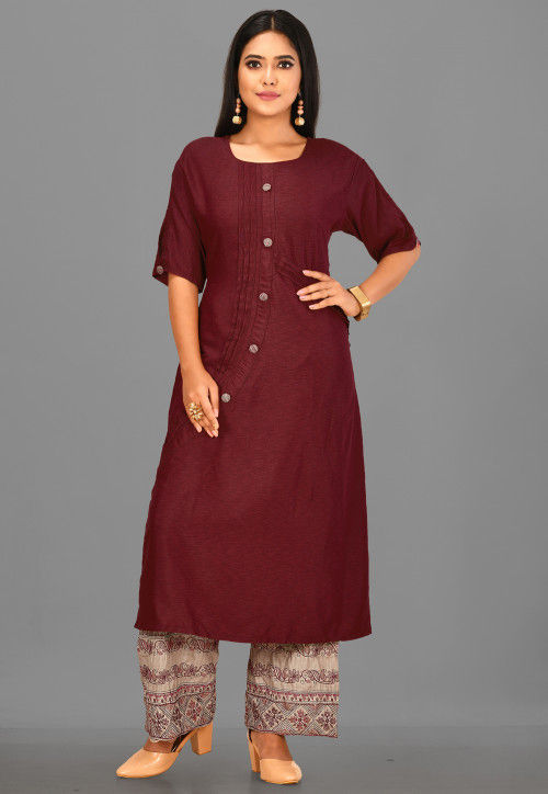 Women Maroon Cotton Kurta Set main image 1
