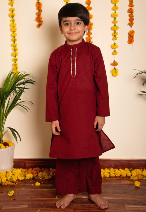 Plain Cotton Kurta Set in Maroon