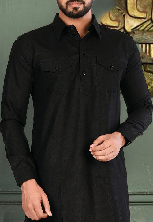 Plain Cotton Linen Pathani Suit in Black
