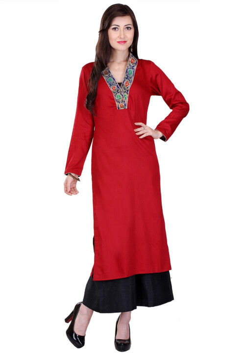 Plain Cotton Silk and Art Silk Brocade Long Kurta in Maroon