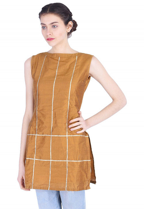 Plain Cotton Silk Kurti in Dark Mustard