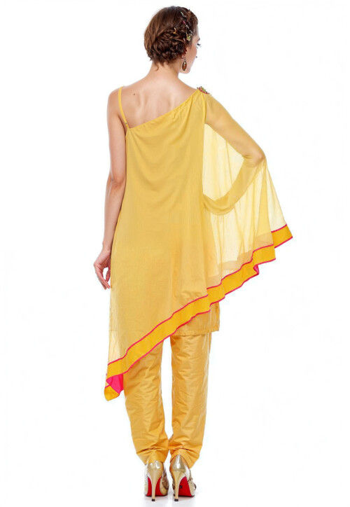 Plain Cotton Silk One Shoulder Cape Style Tunic in Yellow