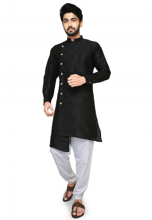 Plain Dupion Silk Jodhpuri Suit in Black MTX110