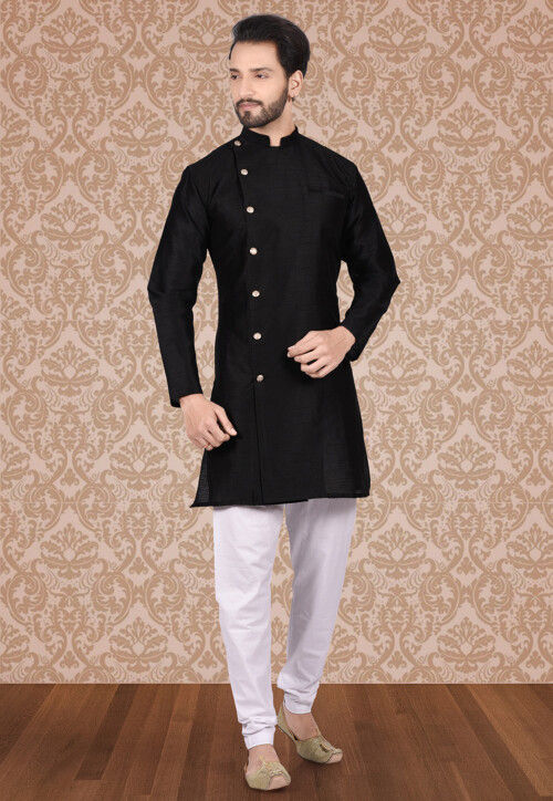 Plain Dupion Silk Sherwani in Black