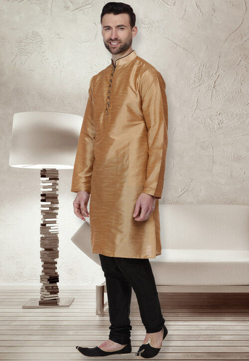 Plain Dupion Silk Kurta Set in Golden