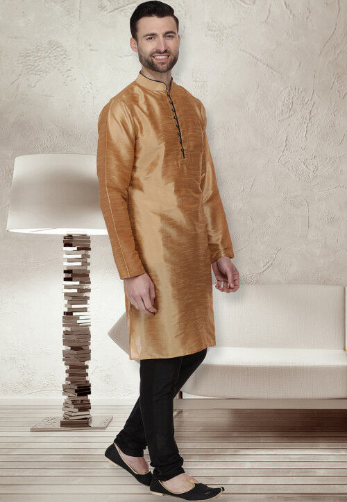 Plain Dupion Silk Kurta Set in Golden