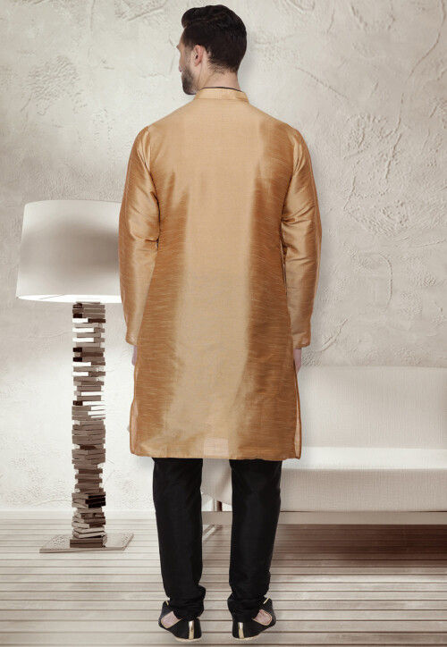 Plain Dupion Silk Kurta Set in Golden