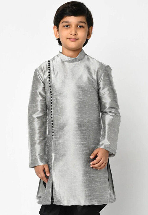 Plain Dupion Silk Kurta in Light Grey