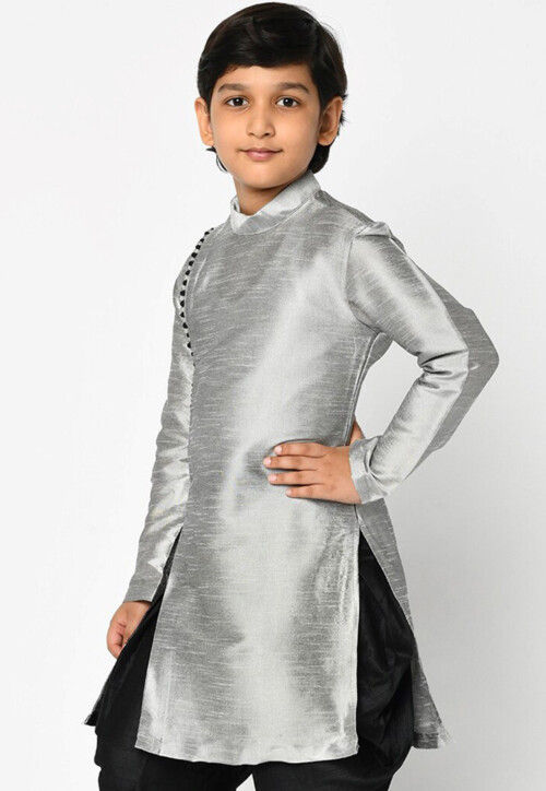 Plain Dupion Silk Kurta in Light Grey