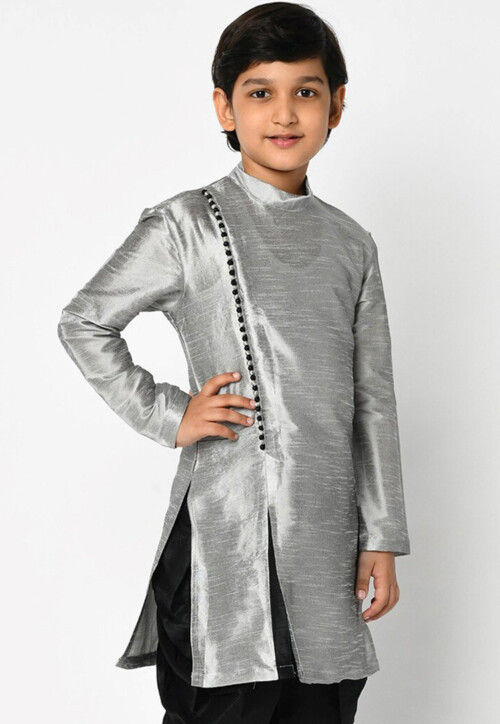 Plain Dupion Silk Kurta in Light Grey