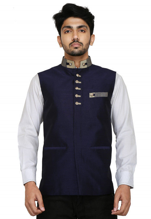 Plain Dupion Silk Nehru Jacket in Navy Blue  MTX50