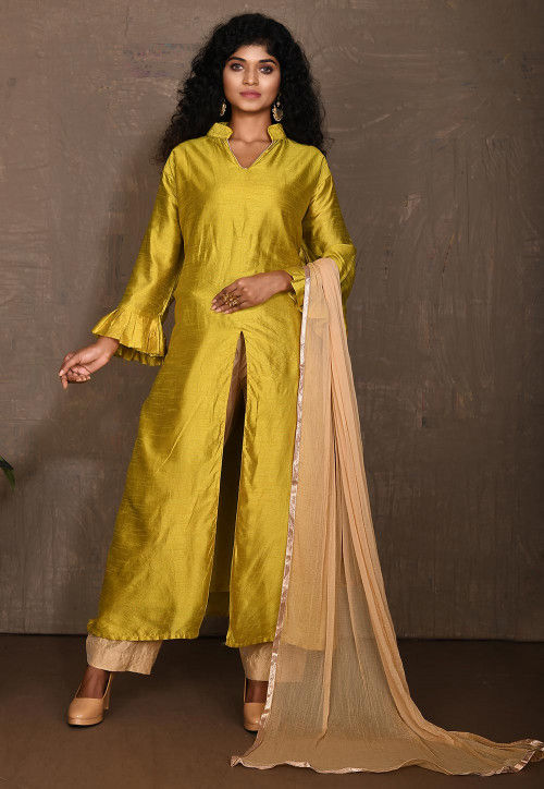 Plain Dupion Silk Pakistani Suit in Olive Green