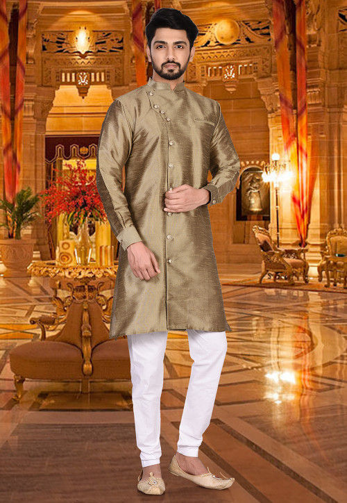 Plain Dupion Silk Sherwani in Dark Beige